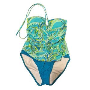 Ralph Lauren Green Blue Floral Paisley Ruched Halter One Piece Swimsuit Size 8